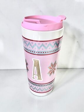Cerra Monogram Travel Mug Ceramic pink Fair Isle knit Gold A 18 oz 532 ml